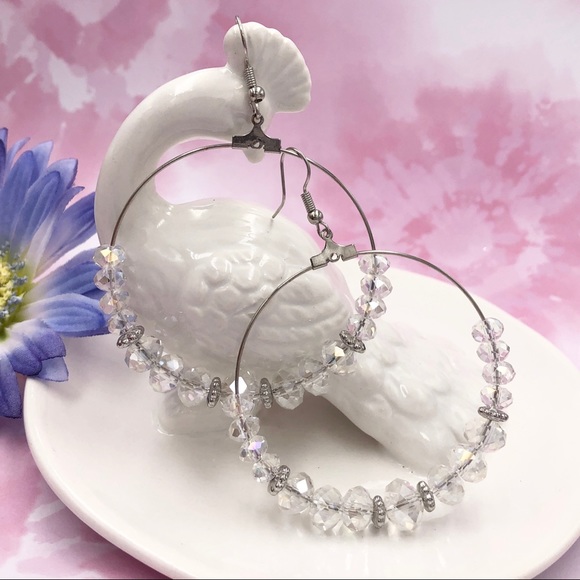 🌼 Clear Glass Beaded Drop Hoop Earrings - Picture 1 of 3